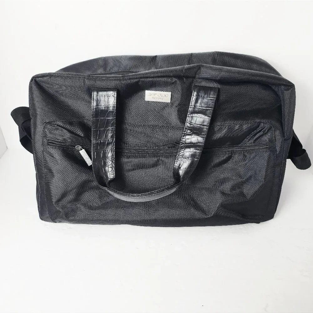 Jimmy Choo Parfums Duffle Bag Crocodile Embossed Handles Black 17x11x7.5 Unisex